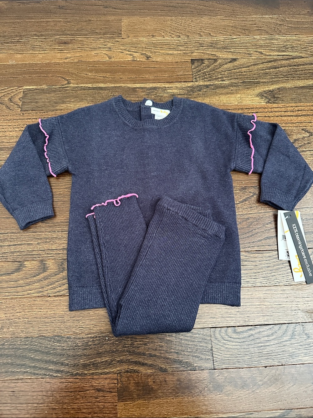 Toddler girl navy knit top and leggings set with pink trim